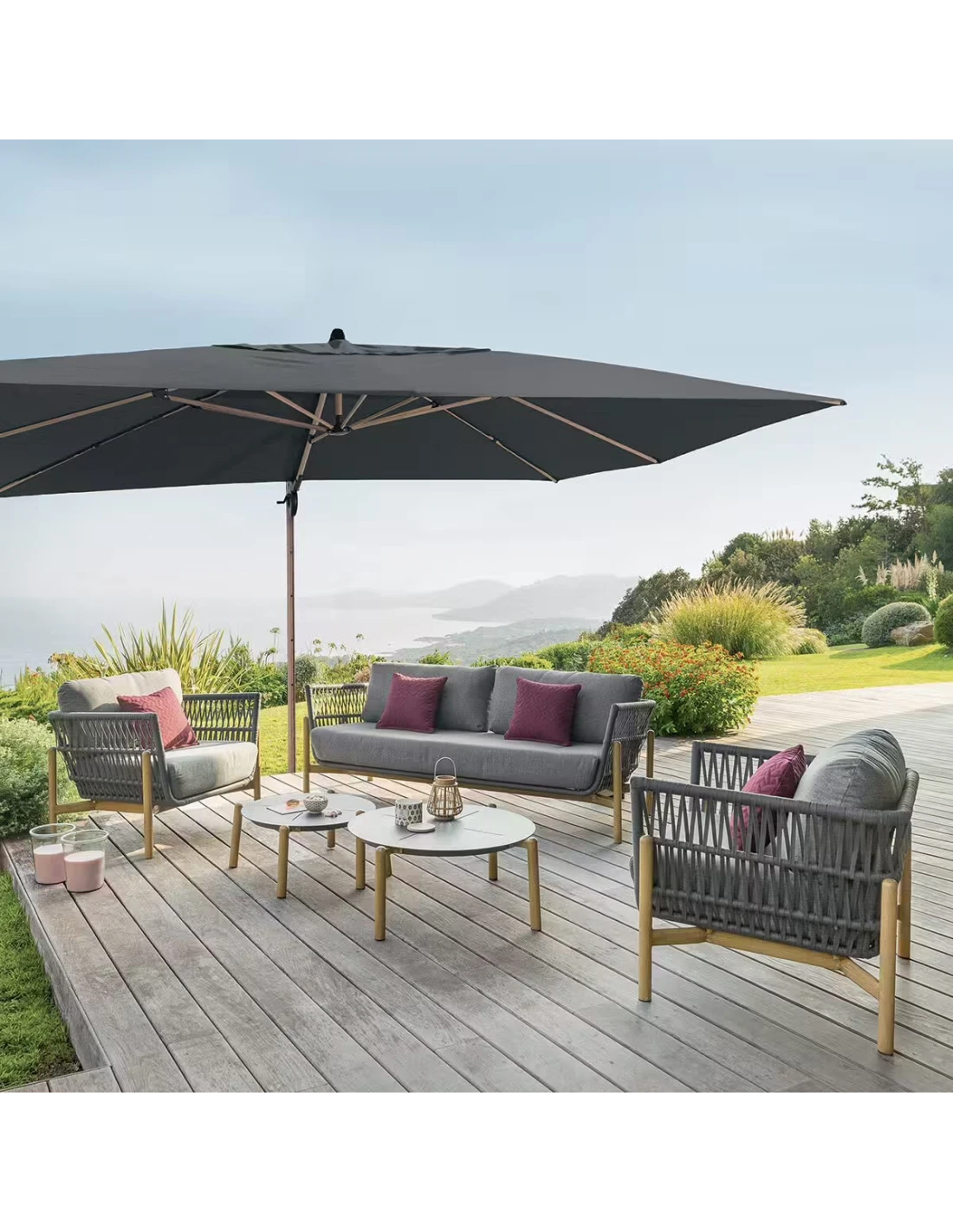 Parasol Déporté Soly 3 X 4 M Charbon - Mât Et Baleines Imprimés Effet Bois