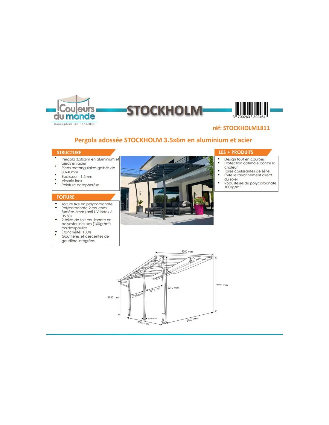 Pergola Adossée Stockholm 3.5 X 6 M - Polycarbonate, Acier, Aluminium – Image 8
