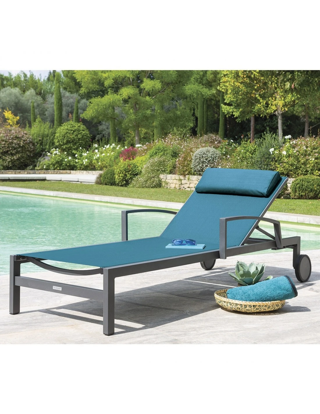 Transat De Jardin Ocala 4 Positions Aluminium Et Texaline - Graphite / Bleu Canard